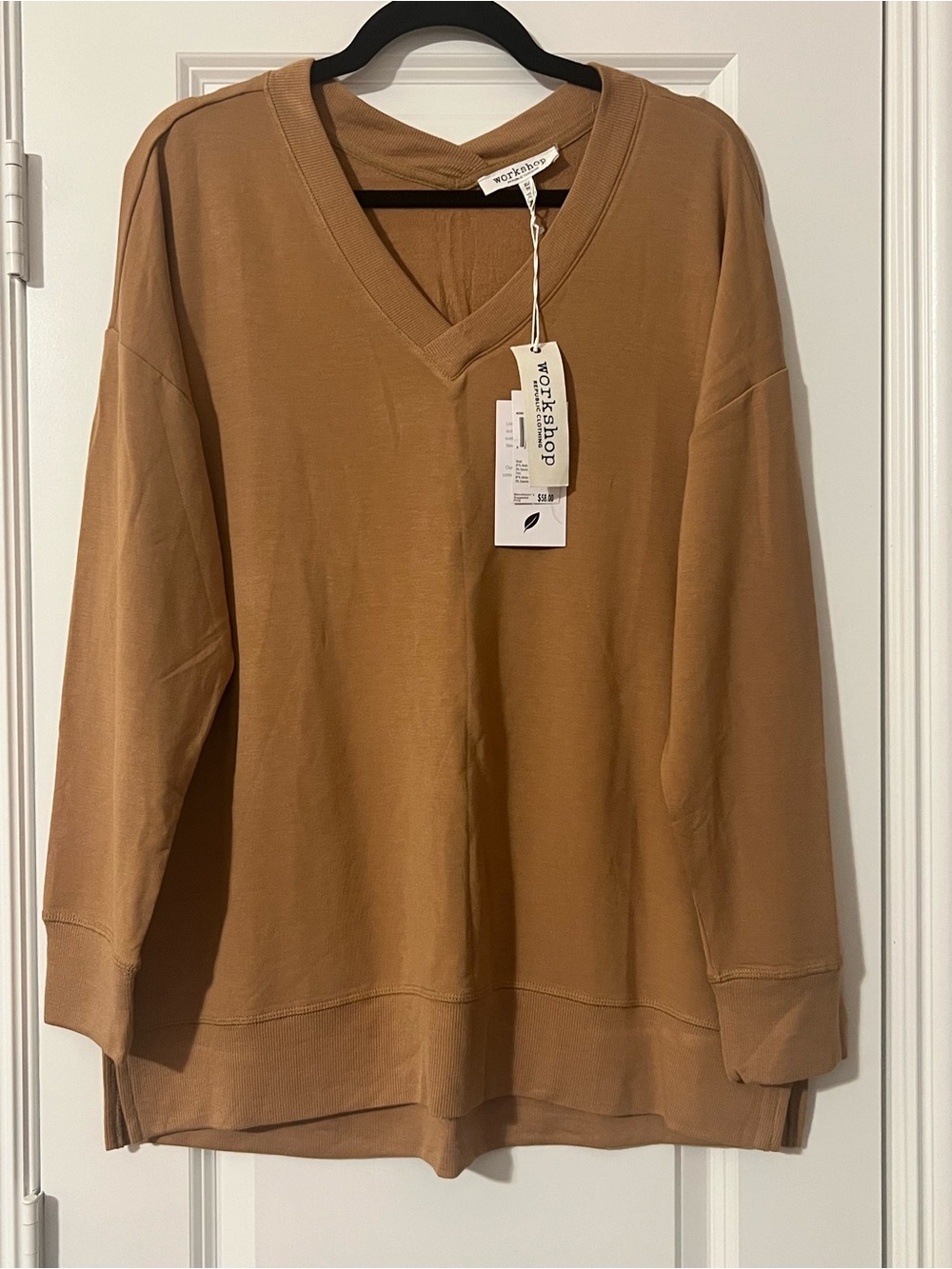 Workshop Republic Clothing V-Neck Long Sleeve Pullover in Camel